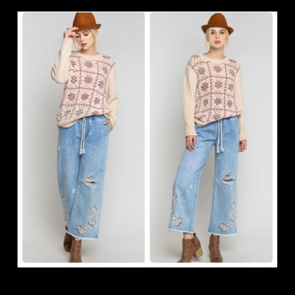 POL CROCHET Square Block With Flower SOFT chenille feel sweater TOP - Picture 8 of 8